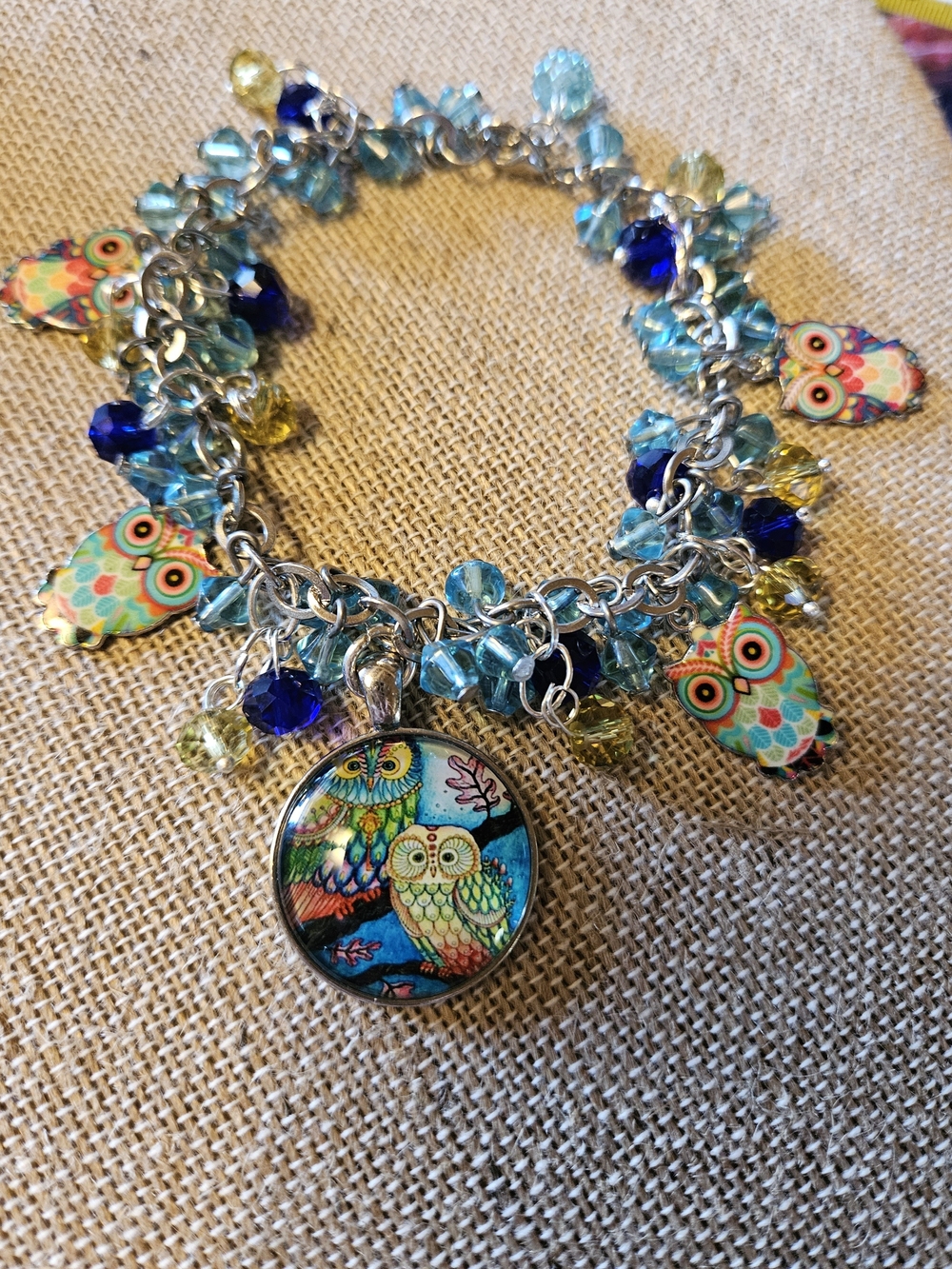 Owl Cha Cha Charm Bracelet - Blue & Yellow Beaded Women's Bracelet